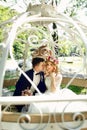 Fairy-tale cinderella wedding carriage magical wedding couple br Royalty Free Stock Photo