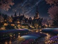 Fairy tale city at night is a magical sight where the tranquil river reflects the twinkling city lights.