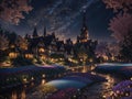 Fairy tale city at night is a magical sight where the tranquil river reflects the twinkling city lights while nearby colorful