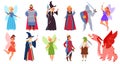 Fairy tale clipart. Medieval magician characters, cartoon fairy girl dragon and fantasy wizard. Halloween clothes, child Royalty Free Stock Photo