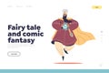 Fairy tale and comic fantasy concept of landing page with old wizard genie hold crystal ball