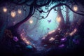 Fairy tale concept. In the enchanted fantasy forest, fluttering butterflies and glowing fireflies fly in the evening Royalty Free Stock Photo