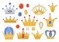 Fairy tale crowns collection. Vector set of fantasy king or queen accessories. Sovereign authority symbols. Medieval fairytale