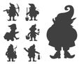 Fairy tale fantastic gnome dwarf elf character black silhouette poses magical leprechaun cute fairy tale man vector