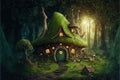 Fairy tale fantasy forest with green grass and little cottage house in the woods with tall trees, illustration, Generative Ai