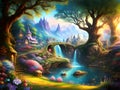 fairy tale fantasy landscape with a magic fairytale castle, illustration, AI Generated Royalty Free Stock Photo