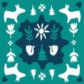 Fairy-tale folk animals. Doodle art square tiles. Traditional geometric shapes in blue, green and white colors. Cliparts elements