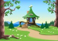 fairy tale hut made of logs with carved trim on the roof, a chimney and a horseshoe for luck Royalty Free Stock Photo