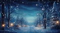 Fairy tale forest with magical lights at Christmas night, winter landscape with showy country road and sky. Scenery of fairytale Royalty Free Stock Photo