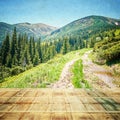 Fairy Tale Forest in Retro Style. Paper Vintage Textured. Mountain Landscape Royalty Free Stock Photo