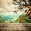 Fairy Tale Forest in Retro Style. Paper Vintage Textured. Mountain Landscape Royalty Free Stock Photo