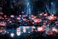 The fairy-tale forest is shrouded in a light glow of luminescent plants and fireflies