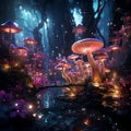 The fairy-tale forest is shrouded in a light glow of luminescent plants and fireflies