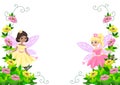 Fairy tale frame with two beautiful little fairies and princesses