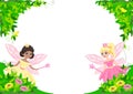 Fairy tale frame with two beautiful little fairies and princesses