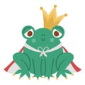 Fairy tale frog prince with crown and mantle isolated on white background. Vector fantasy animal in royal clothes. Medieval Royalty Free Stock Photo