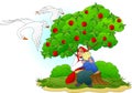 Fairy tale geese-swans. Children, brother and sister are hiding under an apple tree.