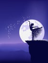 Vector silhouette outline of fairy tale sorceress lighting stars with her magic wand and full moon night landscape