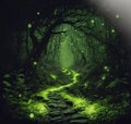 Fairy tale green dark mossy woodland with footpath, generative AI