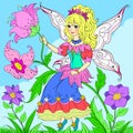 Decorative bright colorful  illustration with fairytale flower fairy sitting among flowers Royalty Free Stock Photo