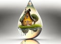 Fairy tale house in a drop of water, fantasy illustration generated by AI