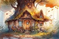 Fairy tale house inside tree in summer forest, watercolor style