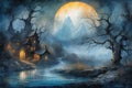 A Fairy Tale house and a lake on a full moon night Royalty Free Stock Photo