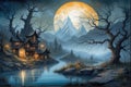 A Fairy Tale house and a lake on a full moon night Royalty Free Stock Photo