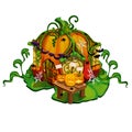 Fairy tale house made out of pumpkins. Home of dwellers of fantasy forest with decorations in the style of the holiday Royalty Free Stock Photo