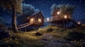 Fairy tale house in a tree with a roof intertwined. Wooden cottage house in night forest