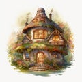 Fairy tale house on white background in watercolor style in summer Royalty Free Stock Photo