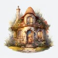 Fairy tale house on white background in watercolor style in summer Royalty Free Stock Photo