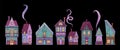 Fairy tale houses. Steampunk style buildings, retro house. Embroidery architecture elements. Silk stitch patches for