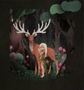 Fairy tale illustration girl and king stag in front of dark magic forest