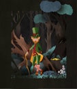 Fairy tale illustration Leprechaun wearing hardtop hat with pot of gold coins in front of dark forest