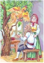 Fairy tale illustration with magic bird, old man and wife