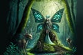 Fairy tale image with fairy forest, tall trees and green grass, and a mysterious path, Generative Ai