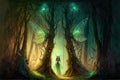 Fairy tale image with fairy forest, tall trees and green grass, and a mysterious path, Generative Ai Royalty Free Stock Photo