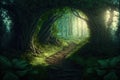 Fairy tale image with fairy forest, tall trees and green grass, and a mysterious path, Generative Ai Royalty Free Stock Photo