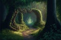 Fairy tale image with fairy forest, tall trees and green grass, and a mysterious path, Generative Ai Royalty Free Stock Photo