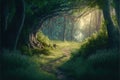 Fairy tale image with fairy forest, tall trees and green grass, and a mysterious path, Generative Ai Royalty Free Stock Photo