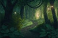 Fairy tale image with fairy forest, tall trees and green grass, and a mysterious path, Generative Ai Royalty Free Stock Photo
