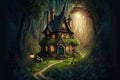 Fairy tale image with fairy forest, tall trees and green grass, and a mysterious path, Generative Ai