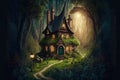 Fairy tale image with fairy forest, tall trees and green grass, and a mysterious path, Generative Ai Royalty Free Stock Photo