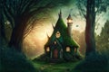 Fairy tale image with fairy forest, tall trees and green grass, and a mysterious path, Generative Ai Royalty Free Stock Photo