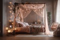 Fairy tale-inspired cozy dreamy bedroom with a four-poster canopy bed, twinkling string lights. Generative AI