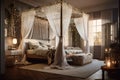 Fairy tale-inspired cozy dreamy bedroom with a four-poster canopy bed, twinkling string lights. Generative AI