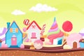 Fairy tale landscape with candy and cake houses, lollipop trees seamless background