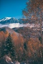 Amazing view from the base of the snowy rocky mountain