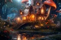 Fairy tale house in magical forest with mushrooms. Illustration. Fairy elf magic. Generative AI Royalty Free Stock Photo
